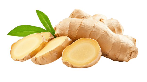 fresh ginger root with sliced pieces and green leaves free png